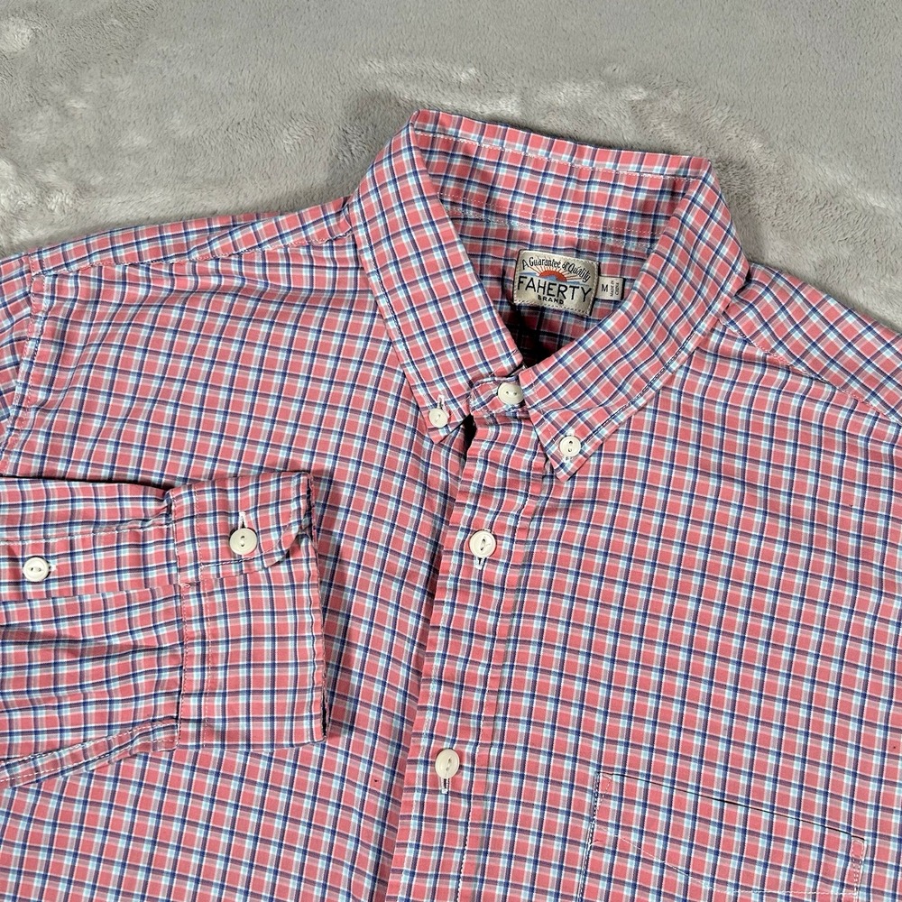 Faherty The Movement Shirt Mens Medium Pink Blue Check Plaid Button Down Long